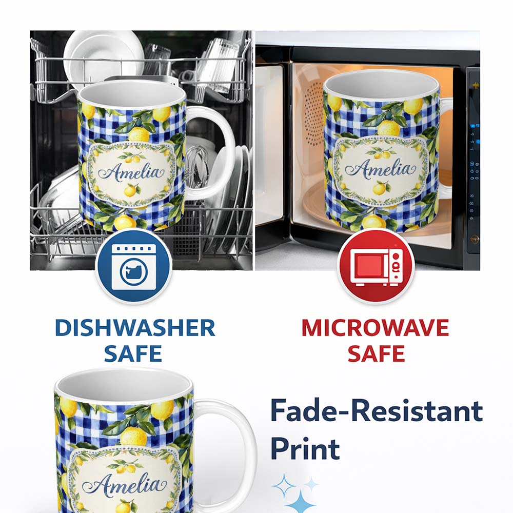 Personalized Custom Name Lemon Gingham Fresh Summer Picnic Seamless Pattern Name Cute Unique 11oz Ceramic Coffee Tea Mug White Large Handle