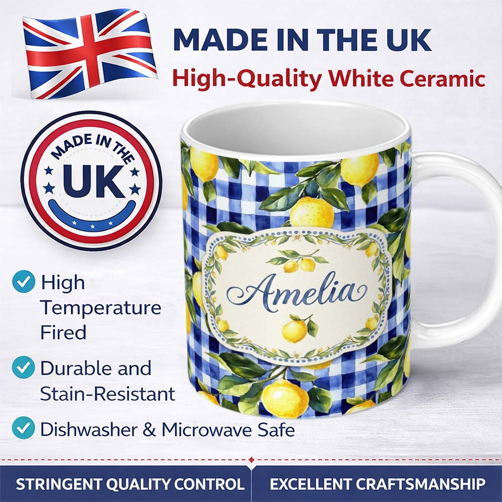 Personalized Custom Name Lemon Gingham Fresh Summer Picnic Seamless Pattern Name Cute Unique 11oz Ceramic Coffee Tea Mug White Large Handle