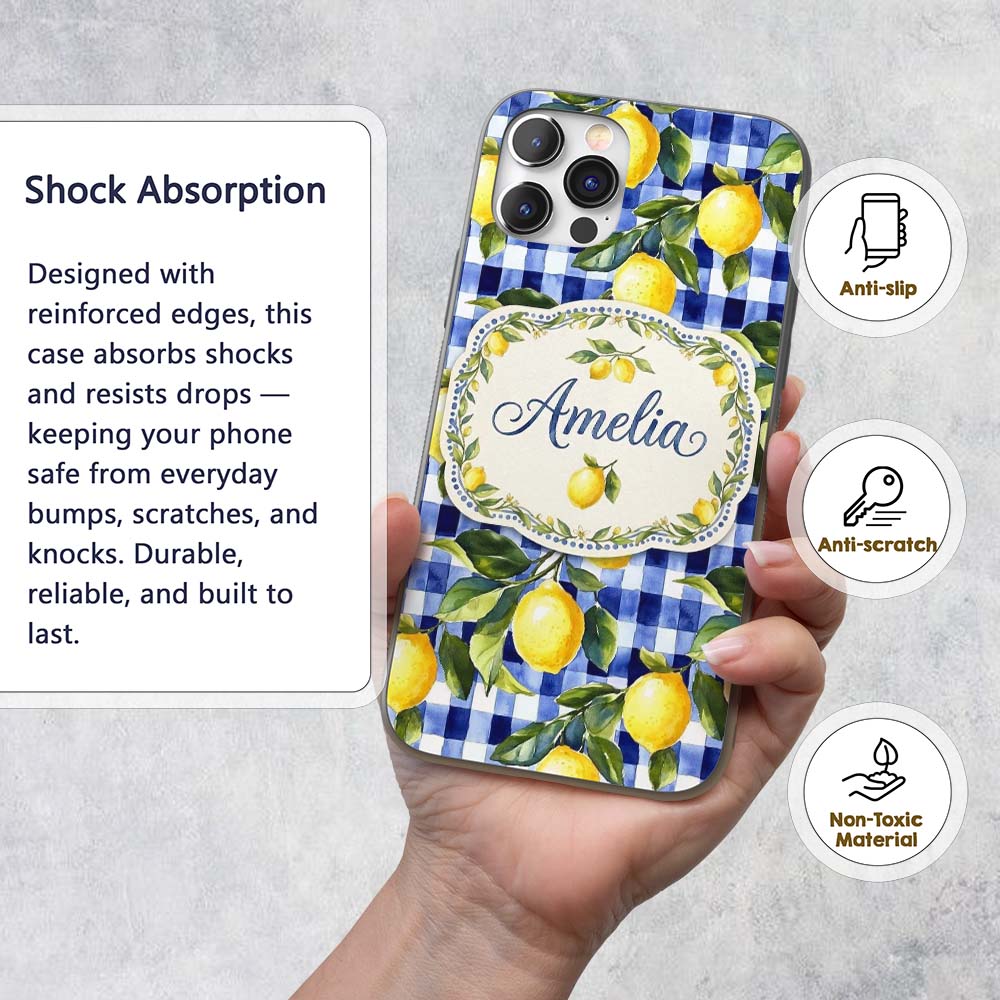 Lemon Gingham Fresh Summer Picnic Printed Design Custom Name Protective Phone Case Mobile Cover Durable Everyday Smartphone Shock Resistant