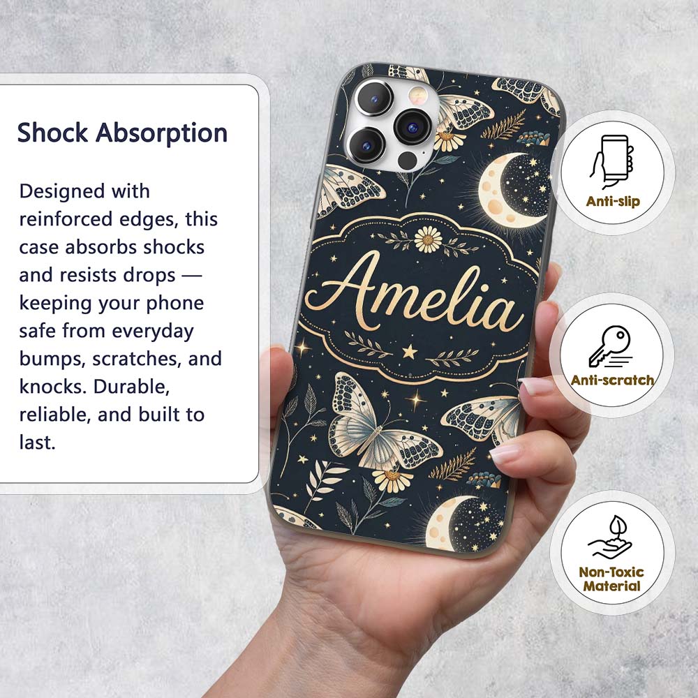 Celestial Butterfly Moon Stars Printed Design Custom Name Protective Phone Case Mobile Cover Durable Everyday Smartphone Shock Resistant