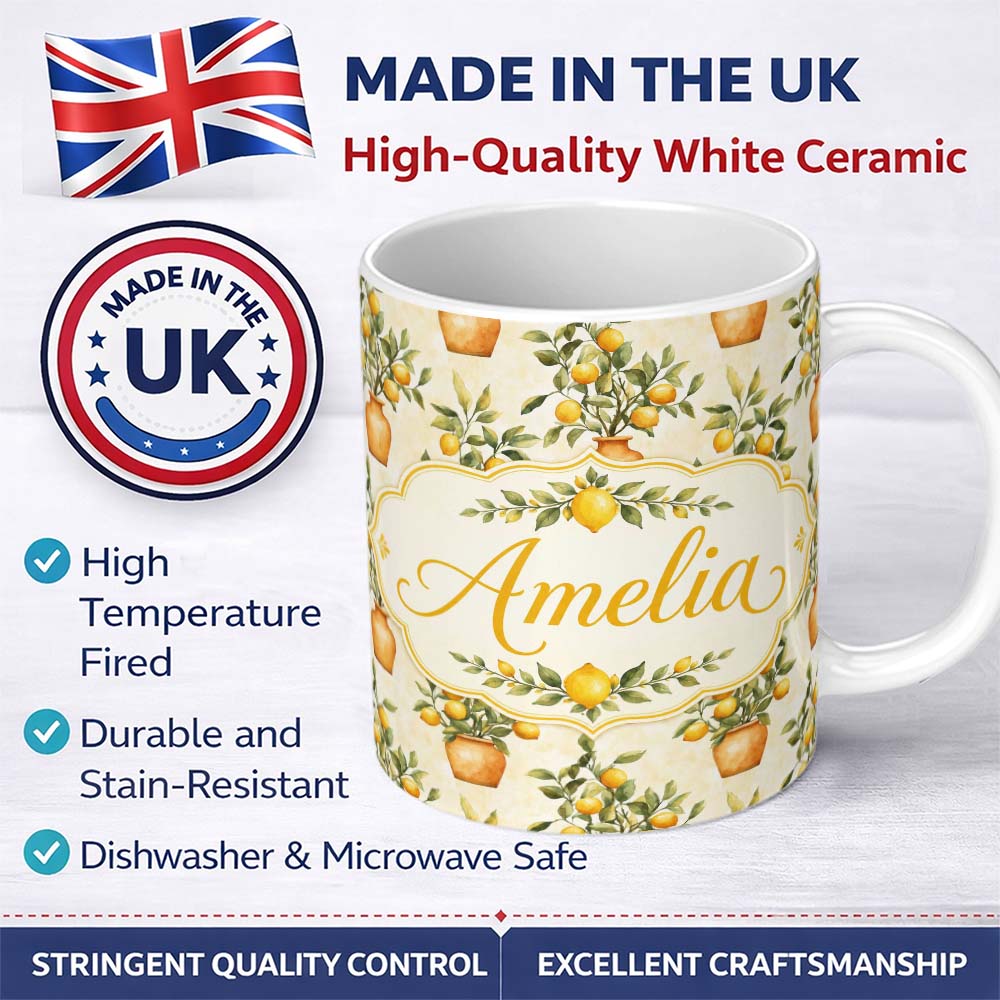 Personalized Custom Name Lemon Tree Pot Rustic Mediterranean Seamless Pattern Name Cute 11oz Ceramic Coffee Tea Mug White Large Handle