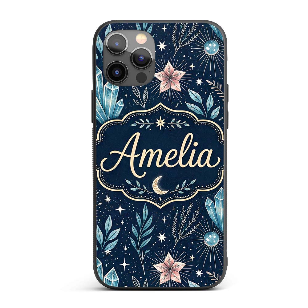 Crystal Moon Starry Sky Botanical Printed Design Custom Name Protective Phone Case Mobile Cover Durable Everyday Smartphone Shock Resistant