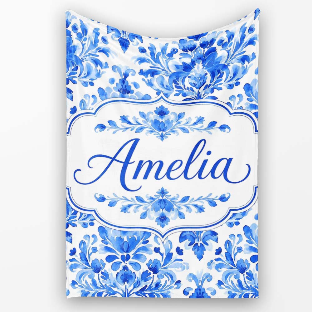 Blue Floral Damask Watercolor Seamless Pattern Name Cute Unique Gift Personalised Custom Name Super Soft Fleece Blanket Bed Sofa Throw