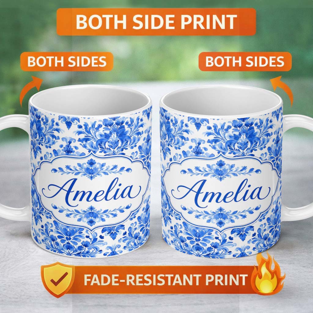 Personalized Custom Name Blue Floral Damask Watercolor Seamless Pattern Name Cute Unique Gift 11oz Ceramic Coffee Tea Mug White Large Handle
