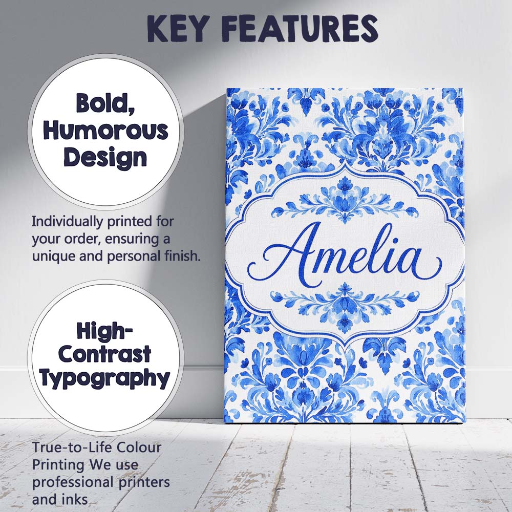 Personalised Name Blue Floral Damask Custom Premium Decorative Design Modern Room Accent Canvas Wall Art Print Decor Picture Ready to Hang