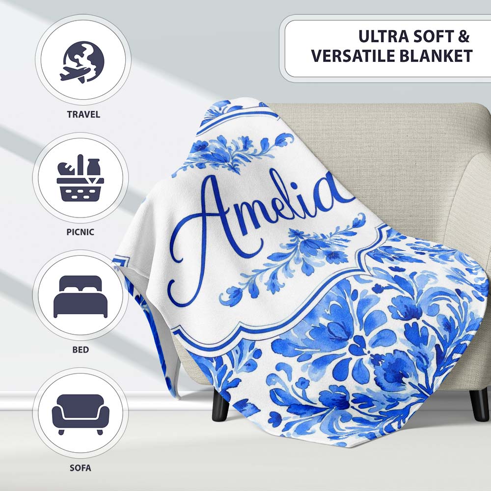Blue Floral Damask Watercolor Seamless Pattern Name Cute Unique Gift Personalised Custom Name Super Soft Fleece Blanket Bed Sofa Throw