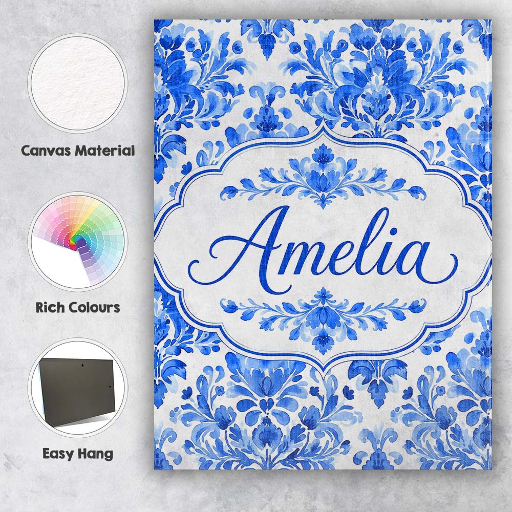 Personalised Name Blue Floral Damask Custom Premium Decorative Design Modern Room Accent Canvas Wall Art Print Decor Picture Ready to Hang