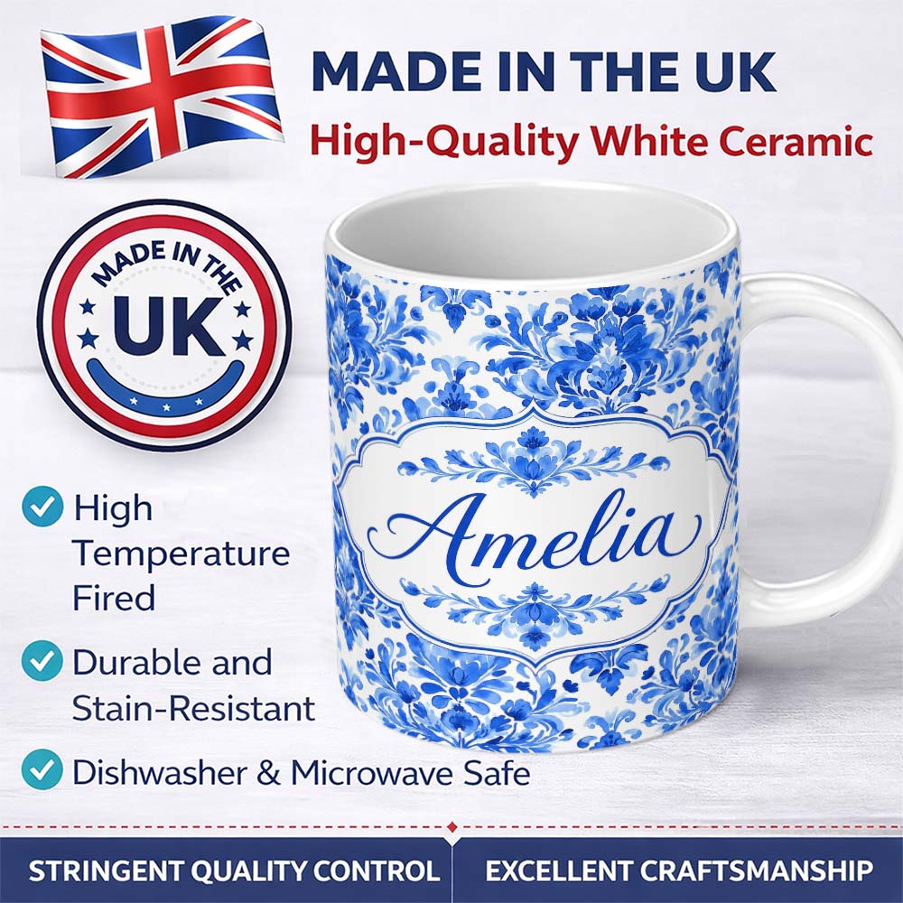 Personalized Custom Name Blue Floral Damask Watercolor Seamless Pattern Name Cute Unique Gift 11oz Ceramic Coffee Tea Mug White Large Handle