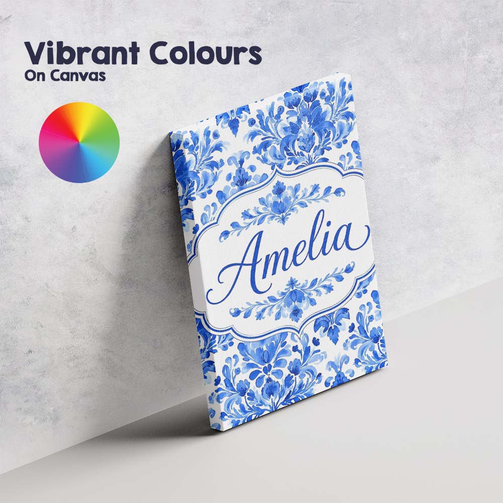 Personalised Name Blue Floral Damask Custom Premium Decorative Design Modern Room Accent Canvas Wall Art Print Decor Picture Ready to Hang