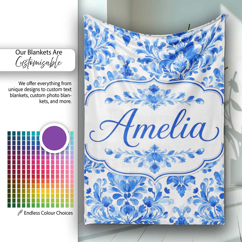Blue Floral Damask Watercolor Seamless Pattern Name Cute Unique Gift Personalised Custom Name Super Soft Fleece Blanket Bed Sofa Throw