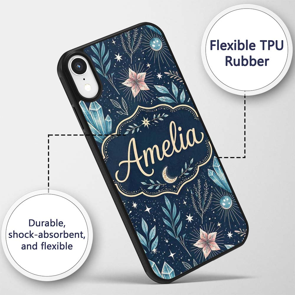 Crystal Moon Starry Sky Botanical Printed Design Custom Name Protective Phone Case Mobile Cover Durable Everyday Smartphone Shock Resistant