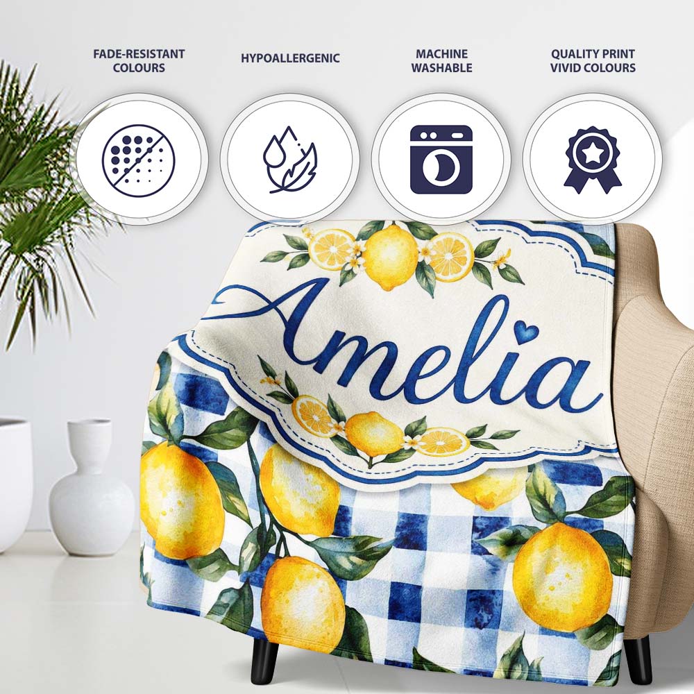 Watercolor Lemon Fruit Blue Gingham Picnic Seamless Pattern Name Personalised Custom Name Super Soft Fleece Blanket Bed Sofa Throw