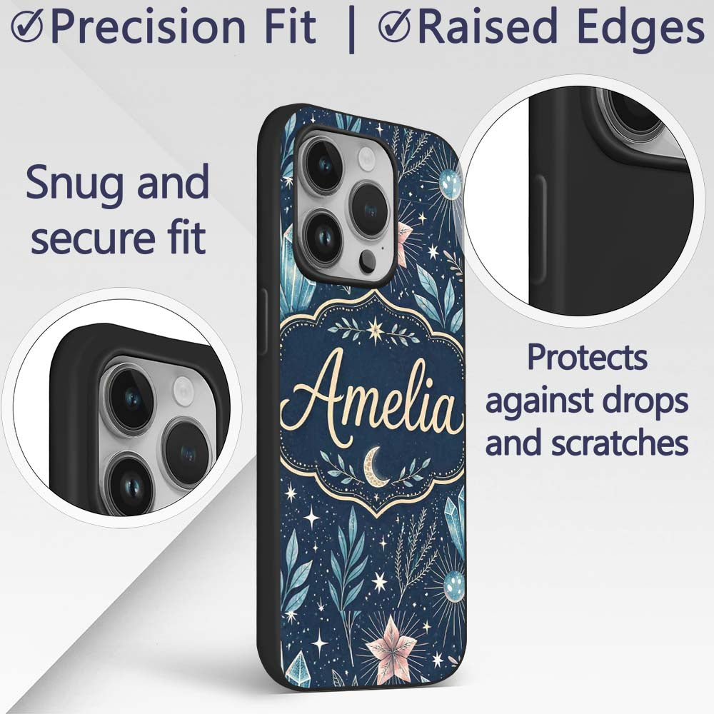 Crystal Moon Starry Sky Botanical Printed Design Custom Name Protective Phone Case Mobile Cover Durable Everyday Smartphone Shock Resistant