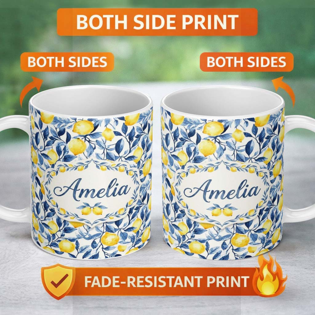 Personalized Custom Name Lemon Blue Leaf Botanical Seamless Pattern Name Cute Unique Gift 11oz Ceramic Coffee Tea Mug White Large Handle
