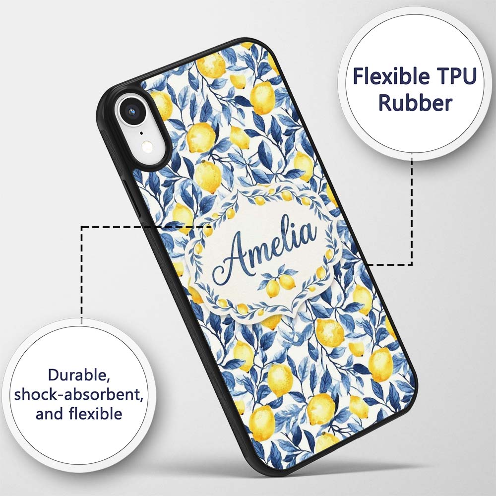 Lemon Blue Leaf Botanical Seamless Pattern Name Custom Name Protective Phone Case Mobile Cover Durable Everyday Smartphone Shock Resistant