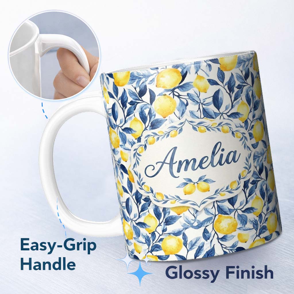 Personalized Custom Name Lemon Blue Leaf Botanical Seamless Pattern Name Cute Unique Gift 11oz Ceramic Coffee Tea Mug White Large Handle