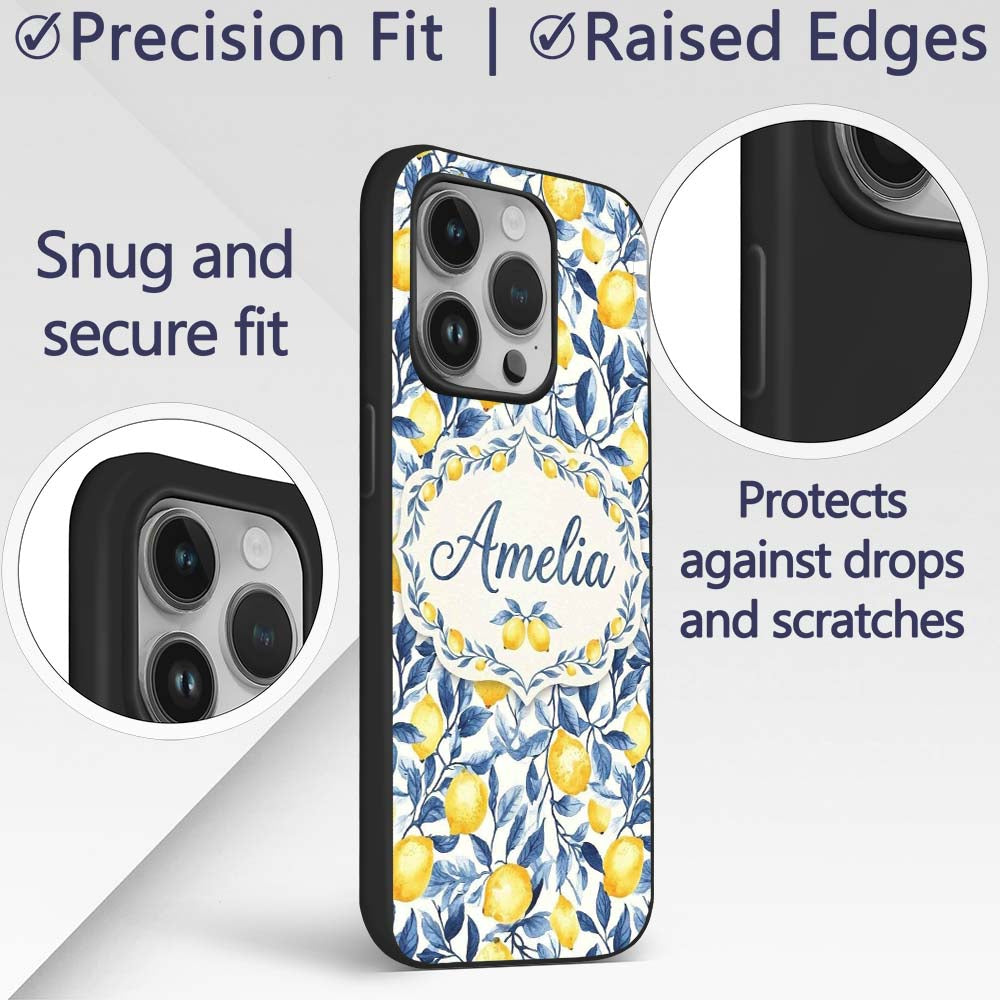 Lemon Blue Leaf Botanical Seamless Pattern Name Custom Name Protective Phone Case Mobile Cover Durable Everyday Smartphone Shock Resistant