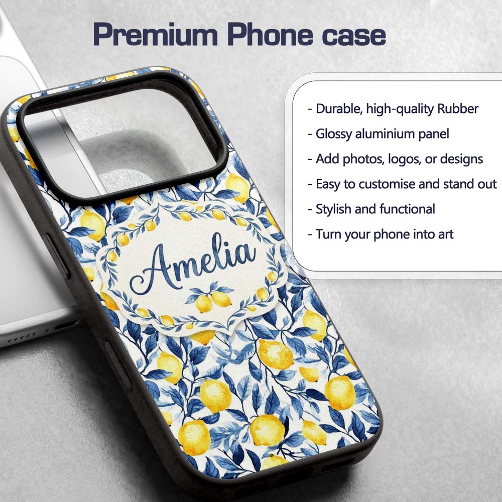 Lemon Blue Leaf Botanical Seamless Pattern Name Custom Name Protective Phone Case Mobile Cover Durable Everyday Smartphone Shock Resistant