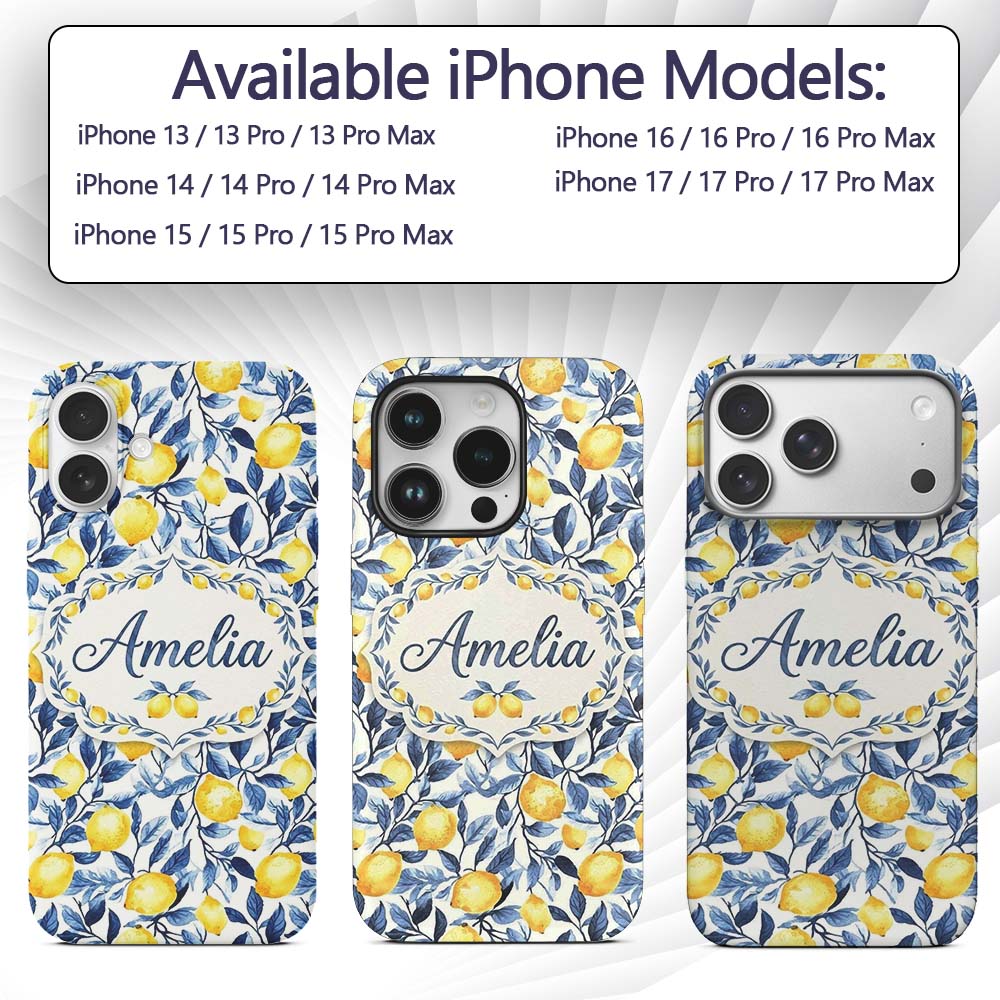 Lemon Blue Leaf Botanical Seamless Pattern Name Custom Name Protective Phone Case Mobile Cover Durable Everyday Smartphone Shock Resistant