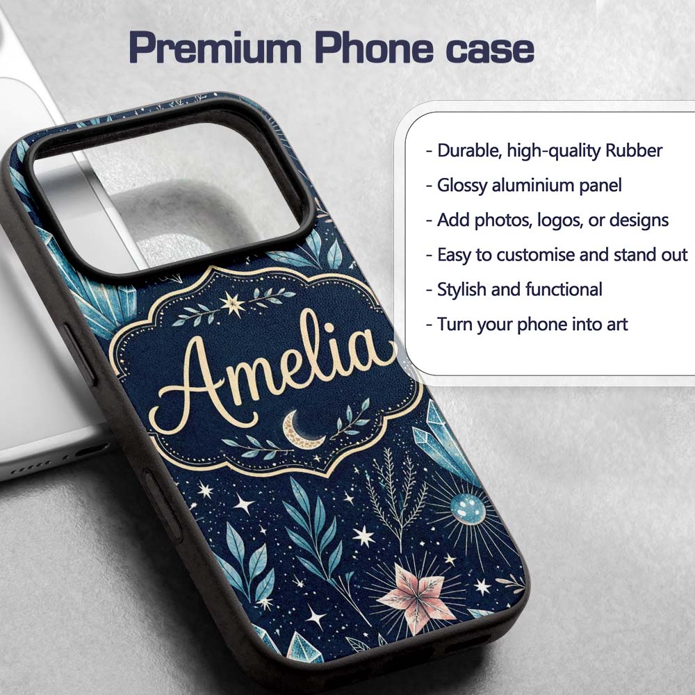 Crystal Moon Starry Sky Botanical Printed Design Custom Name Protective Phone Case Mobile Cover Durable Everyday Smartphone Shock Resistant