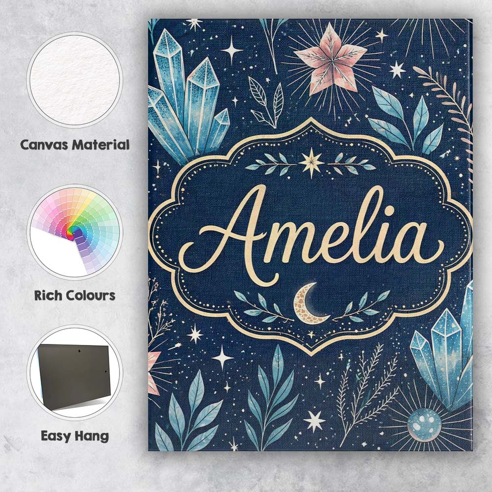 Personalised Name Crystal Moon Starry Sky Botanical Elements Seamless Custom Home Unique Canvas Wall Art Print Decor Picture Ready to Hang