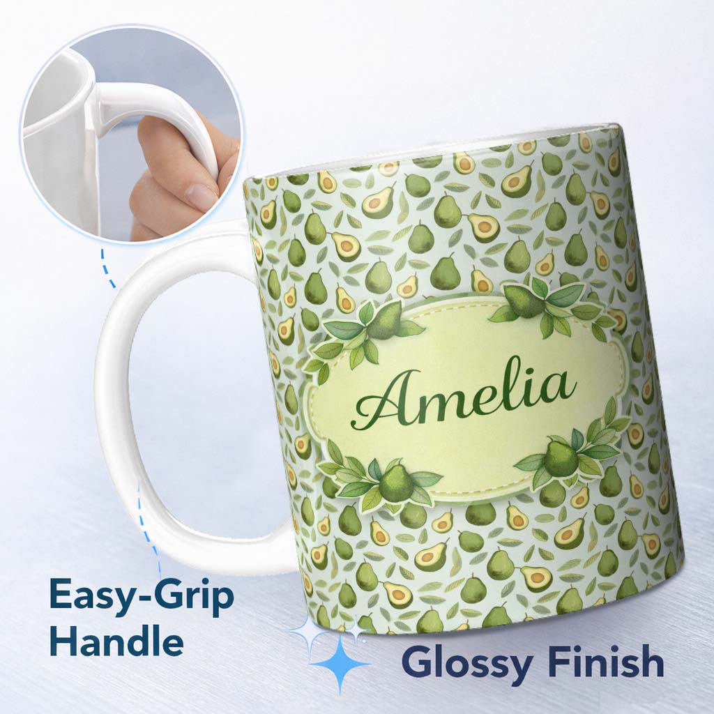 Personalized Custom Name Green Avocado Pear Seamless Pattern Bright Botanical Fruit Lovely 11oz Ceramic Coffee Tea Mug White Large Handle