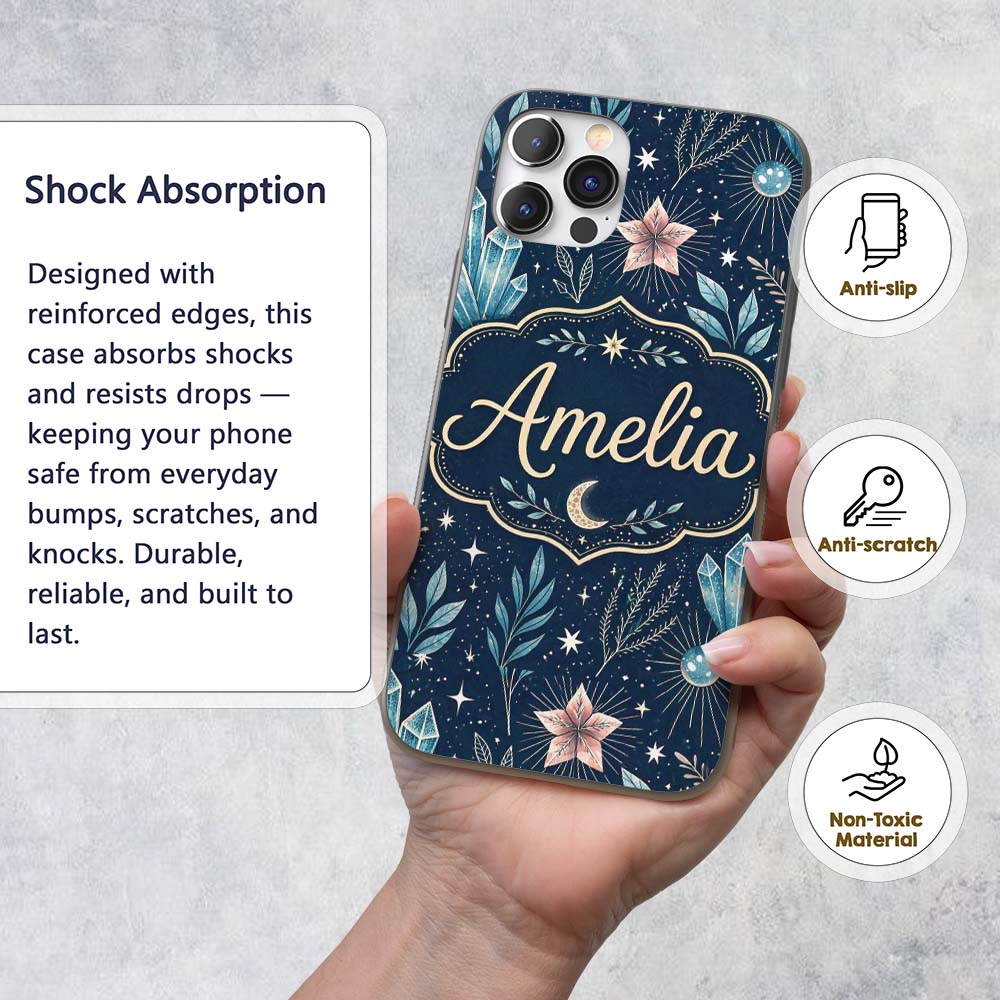Crystal Moon Starry Sky Botanical Printed Design Custom Name Protective Phone Case Mobile Cover Durable Everyday Smartphone Shock Resistant