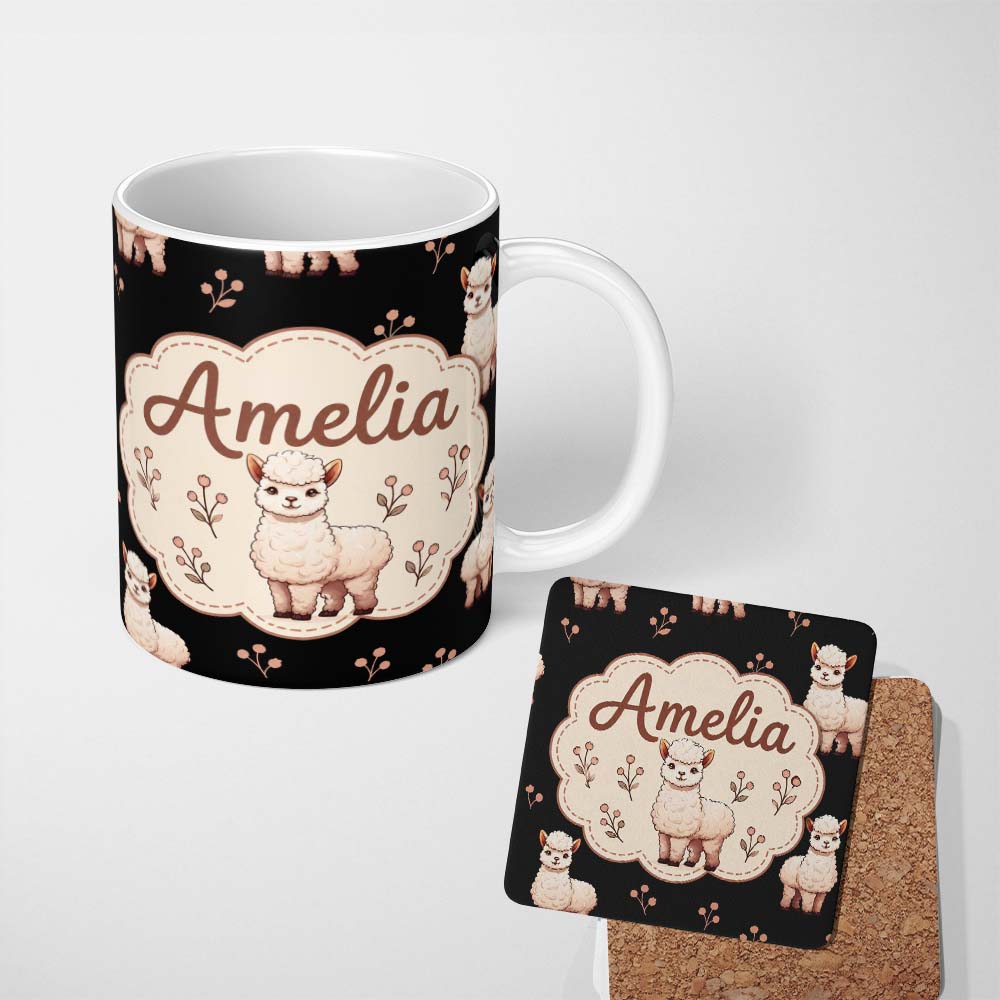 Personalized Custom Name Cute Alpaca Llama Farm Animals Floral Seamless Pattern Black Lovely 11oz Ceramic Coffee Tea Mug White Large Handle