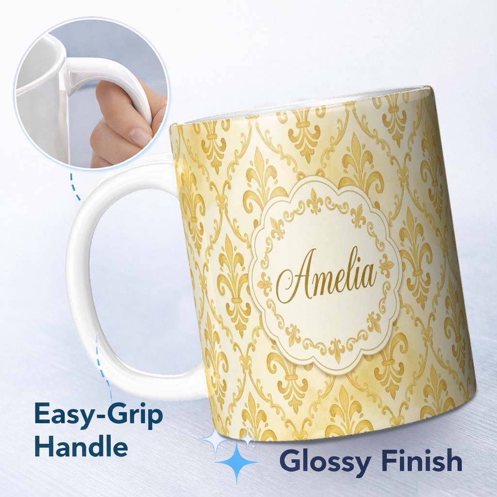 Personalized Custom Name Yellow Classic Damask Elegant Seamless Pattern Name Cute Unique Gift 11oz Ceramic Coffee Tea Mug White Large Handle