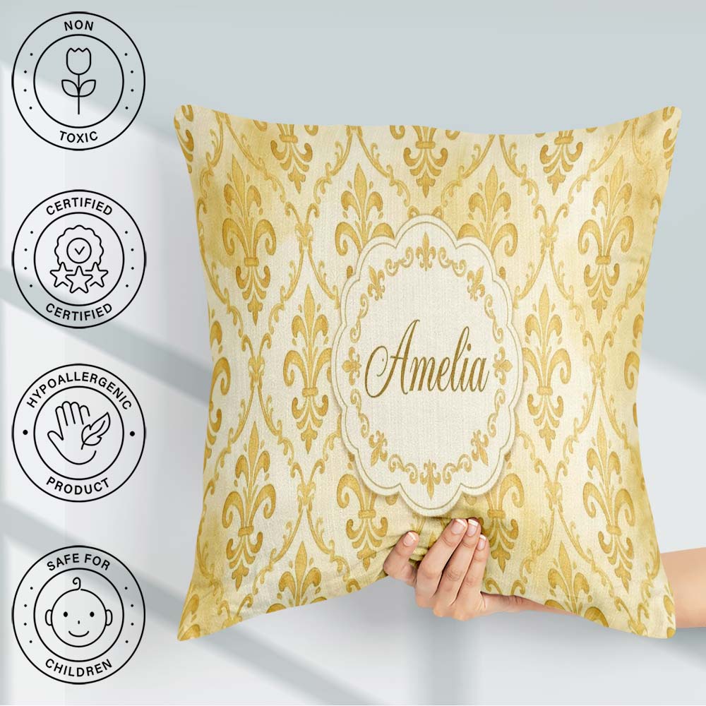 Custom Name Yellow Classic Damask Elegant Seamless Pattern Name Square Filled Cushion Throw Pillow Sofa Bed Home Decor Zip Washable UK Made