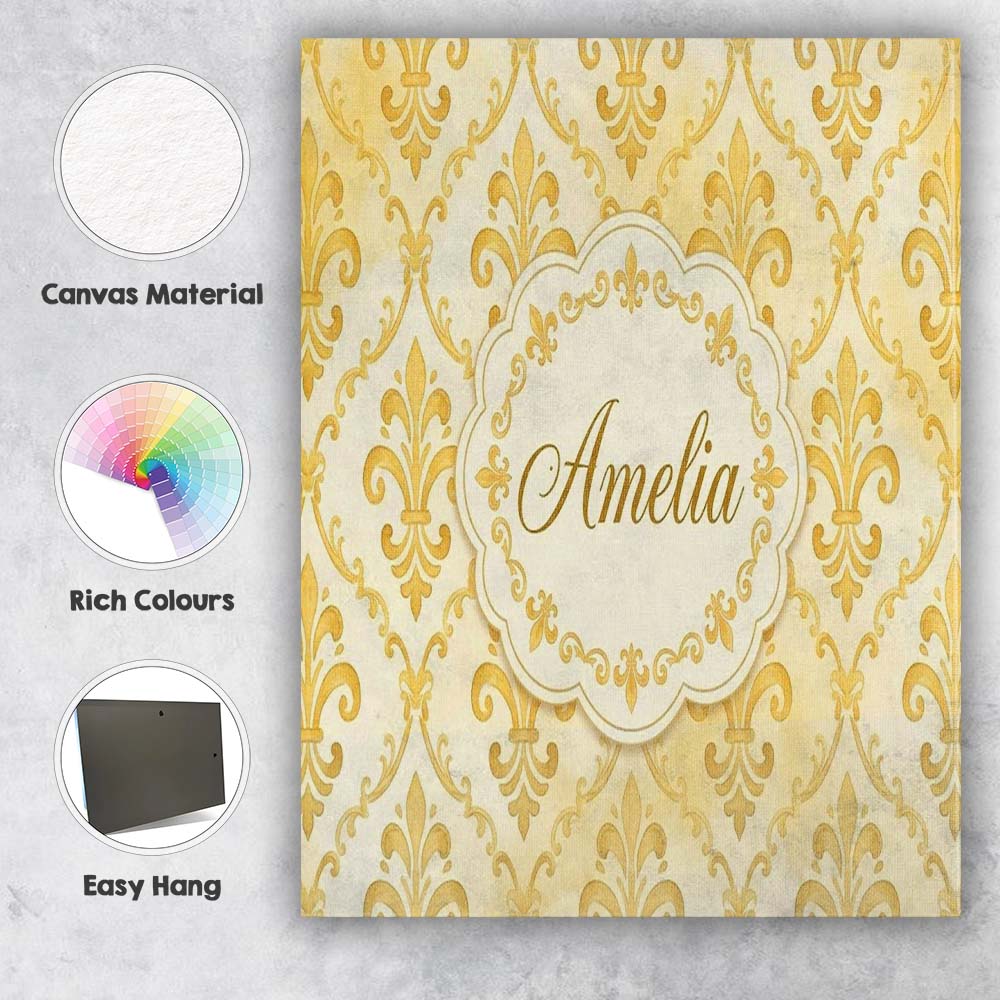 Personalised Name Yellow Classic Damask Custom Modern Room Accent Elegant Feature Canvas Wall Art Print Decor Picture Ready to Hang