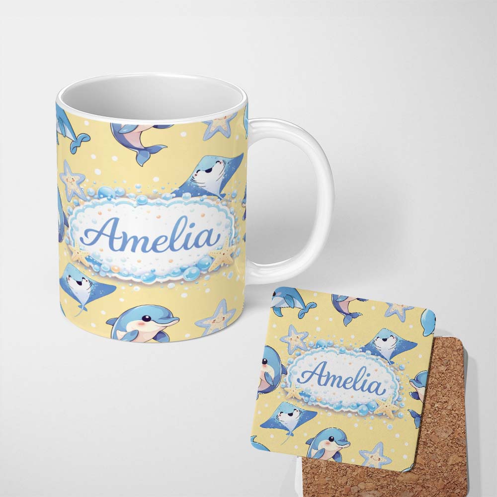 Personalized Custom Name Cute Dolphin Stingray Starfish Ocean Sea Life Warm Beige Background 11oz Ceramic Coffee Tea Mug White Large Handle