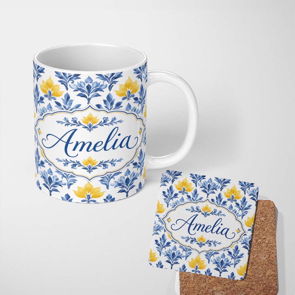 Personalized Custom Name Blue Yellow Floral Motif Vintage Seamless Pattern Name Cute Unique 11oz Ceramic Coffee Tea Mug White Large Handle