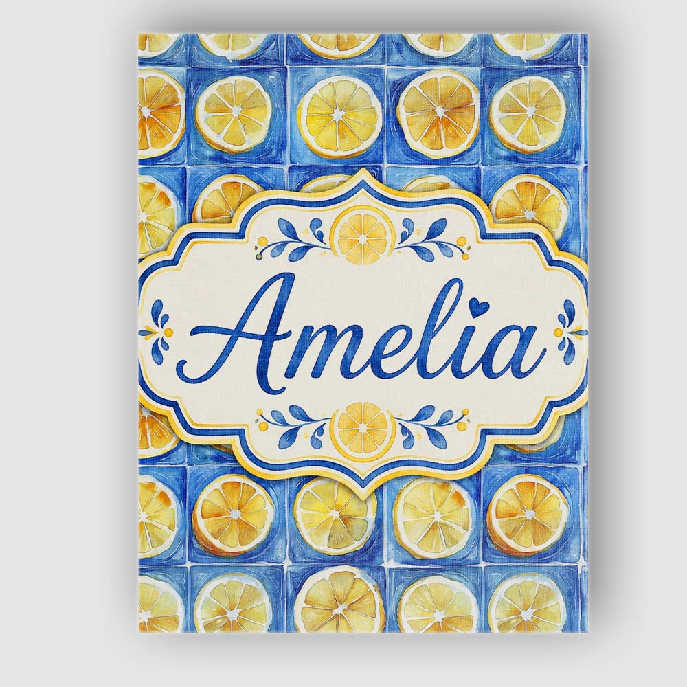 Personalised Name Lemon Tile Blue Mediterranean Seamless Pattern Creative Decorator Style Canvas Wall Art Print Decor Picture Ready to Hang