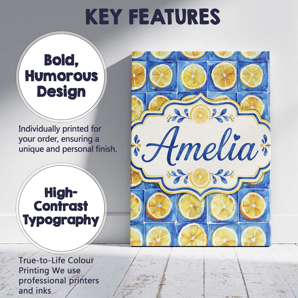 Personalised Name Lemon Tile Blue Mediterranean Seamless Pattern Creative Decorator Style Canvas Wall Art Print Decor Picture Ready to Hang