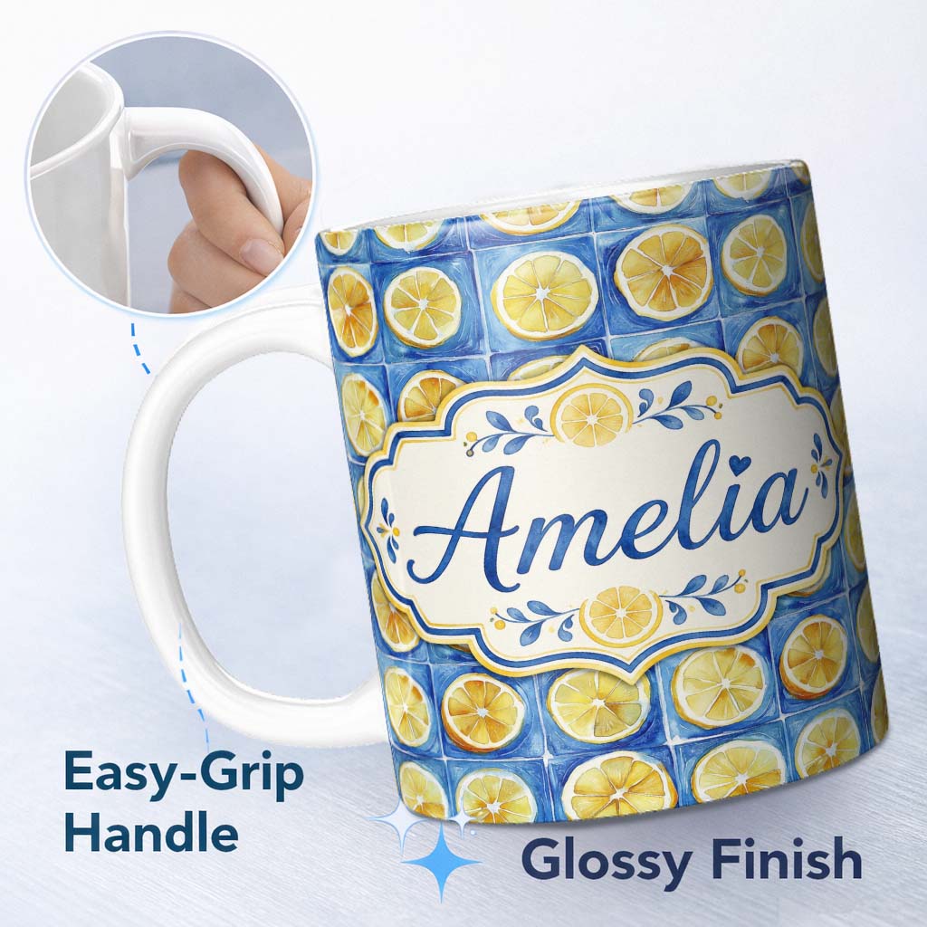 Personalized Custom Name Lemon Tile Blue Mediterranean Seamless Pattern Name Cute Unique Gift 11oz Ceramic Coffee Tea Mug White Large Handle
