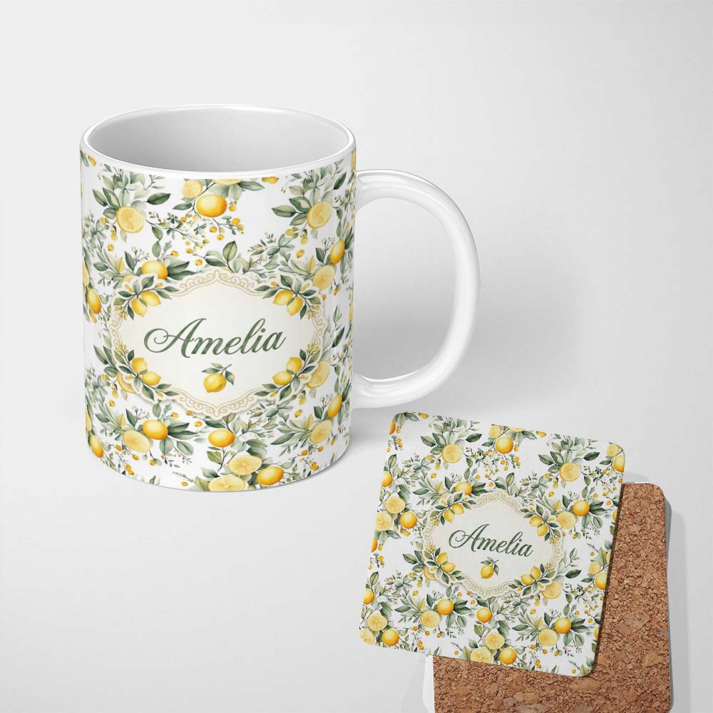 Personalized Custom Name Watercolor Lemon Citrus Leaves Seamless Pattern Botanical Summer 11oz Ceramic Coffee Tea Mug White Large Handle