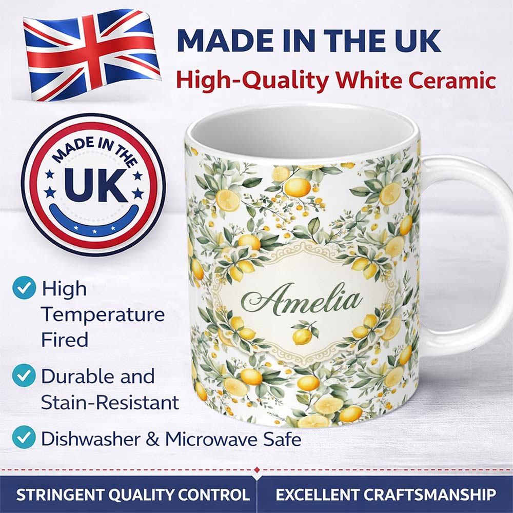 Personalized Custom Name Watercolor Lemon Citrus Leaves Seamless Pattern Botanical Summer 11oz Ceramic Coffee Tea Mug White Large Handle