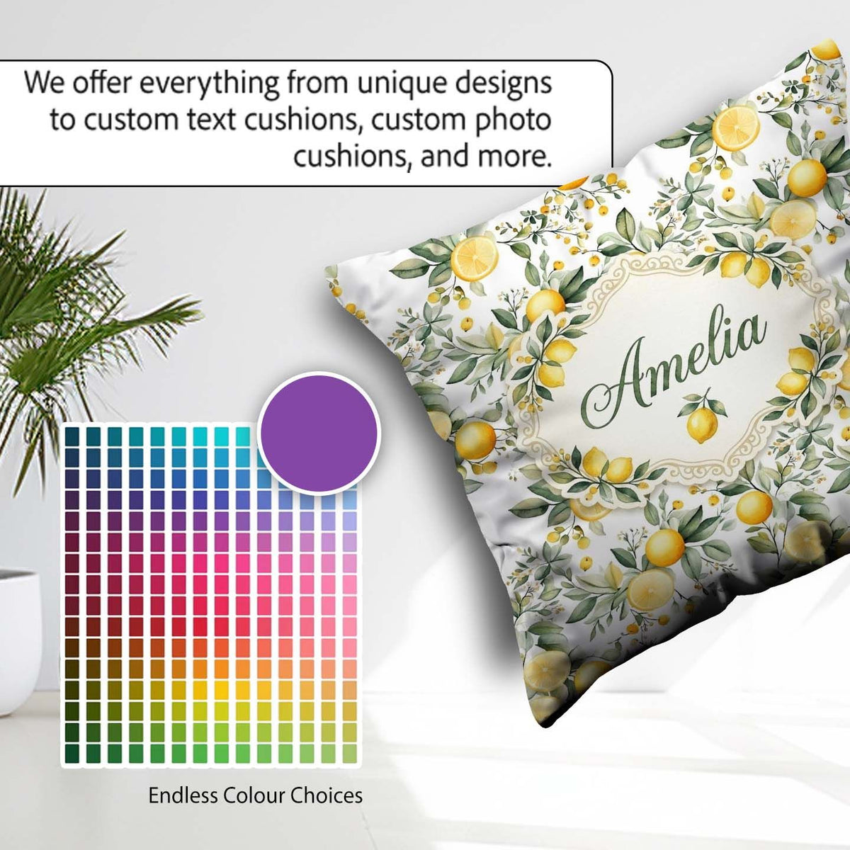 Custom Name Watercolor Citrus Leaves Seamless Pattern Botanical Square Filled Cushion Throw Pillow Sofa Bed Home Decor Zip Washable UK Made