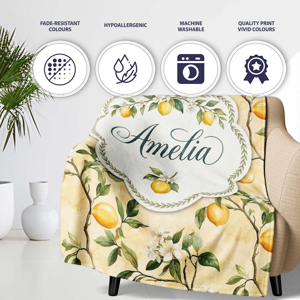 Vintage Lemon Blossom Branches Elegant Floral Citrus Garden Personalised Custom Name Super Soft Fleece Blanket Bed Sofa Throw