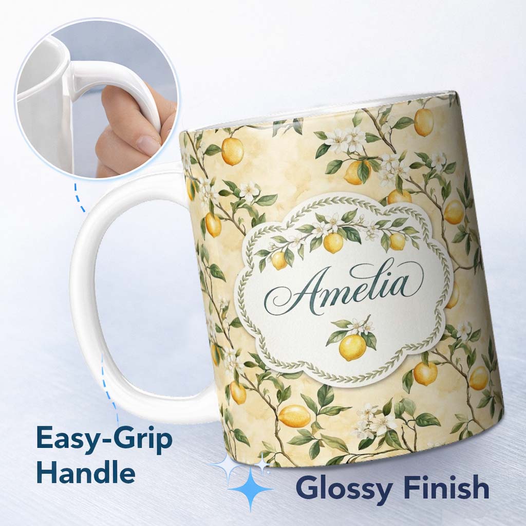 Personalized Custom Name Vintage Lemon Blossom Branches Elegant Floral Citrus Garden 11oz Ceramic Coffee Tea Mug White Large Handle