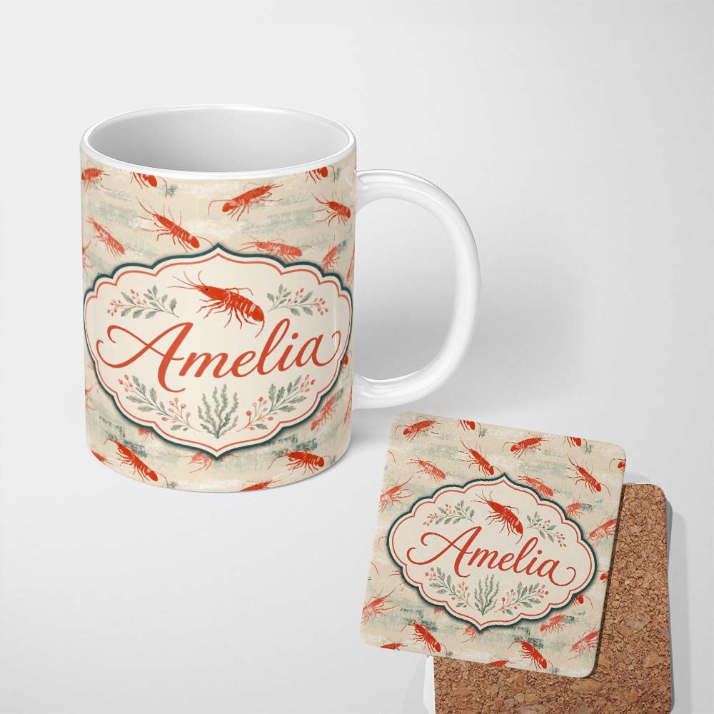 Personalized Custom Name Minimal Red Shrimp on Textured Neutral Background Seamless Pattern 11oz Ceramic Coffee Tea Mug White Large Handle