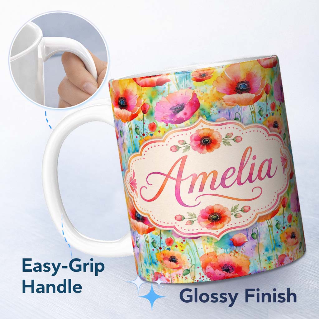 Personalized Custom Name Bright Watercolor Poppy Flowers with Color Splash Seamless Pattern 11oz Ceramic Coffee Tea Mug White Large Handle