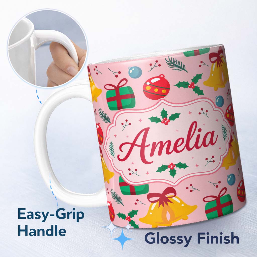 Personalized Custom Name Christmas Bells Gift Baubles Holly Berry Seamless Pattern Lovely 11oz Ceramic Coffee Tea Mug White Large Handle