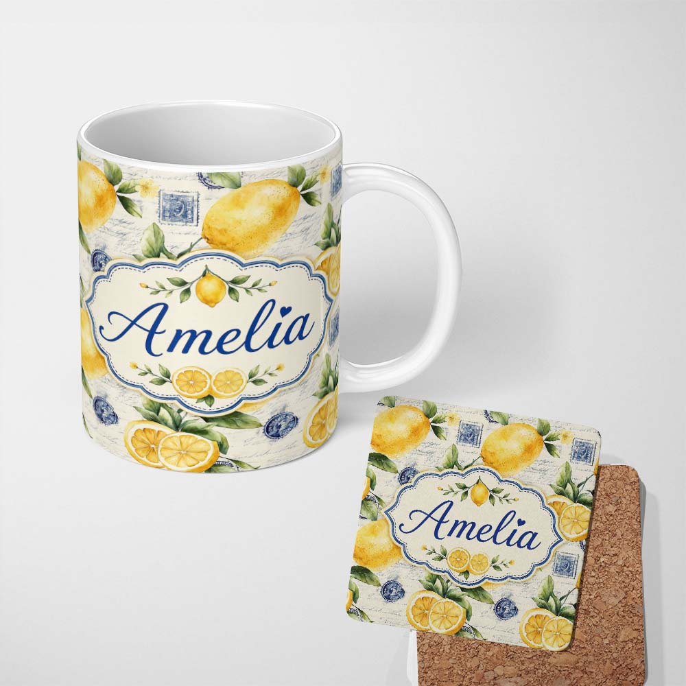 Personalized Custom Name Rustic Lemon Slice Postage Stamp Script Background Seamless Pattern 11oz Ceramic Coffee Tea Mug White Large Handle