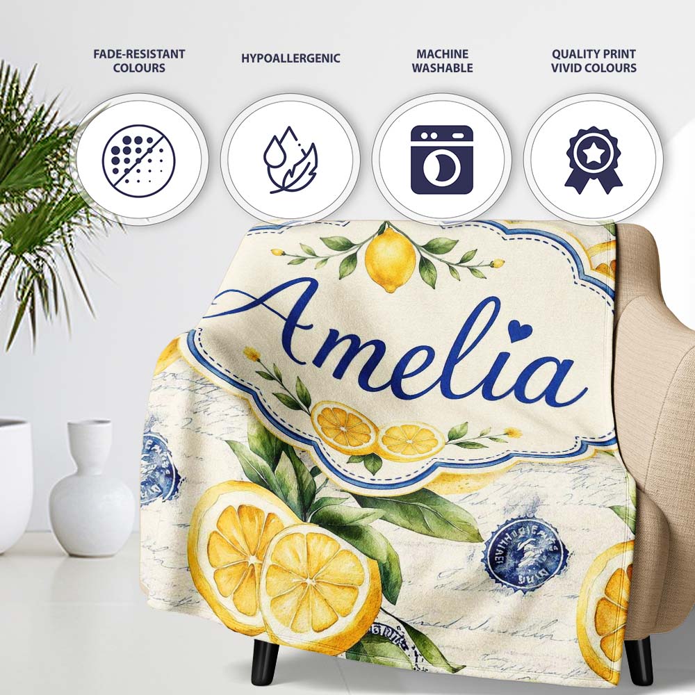 Rustic Lemon Slice Postage Stamp Script Background Seamless Pattern Personalised Custom Name Super Soft Fleece Blanket Bed Sofa Throw