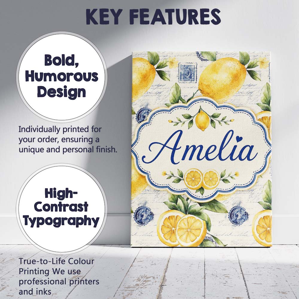 Personalised Name Rustic Lemon Slice Custom Premium Decorative Design Modern Room Accent Canvas Wall Art Print Decor Picture Ready to Hang