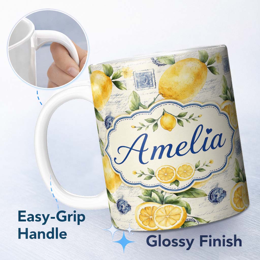 Personalized Custom Name Rustic Lemon Slice Postage Stamp Script Background Seamless Pattern 11oz Ceramic Coffee Tea Mug White Large Handle