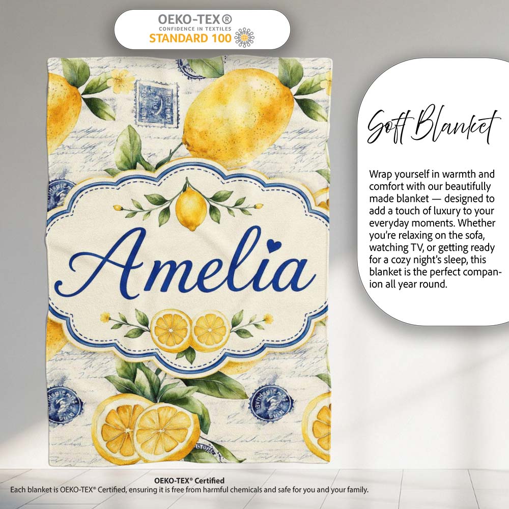 Rustic Lemon Slice Postage Stamp Script Background Seamless Pattern Personalised Custom Name Super Soft Fleece Blanket Bed Sofa Throw