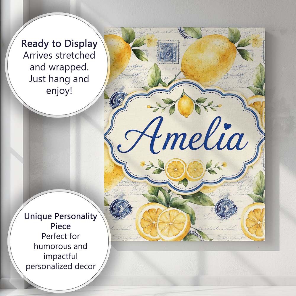 Personalised Name Rustic Lemon Slice Custom Premium Decorative Design Modern Room Accent Canvas Wall Art Print Decor Picture Ready to Hang